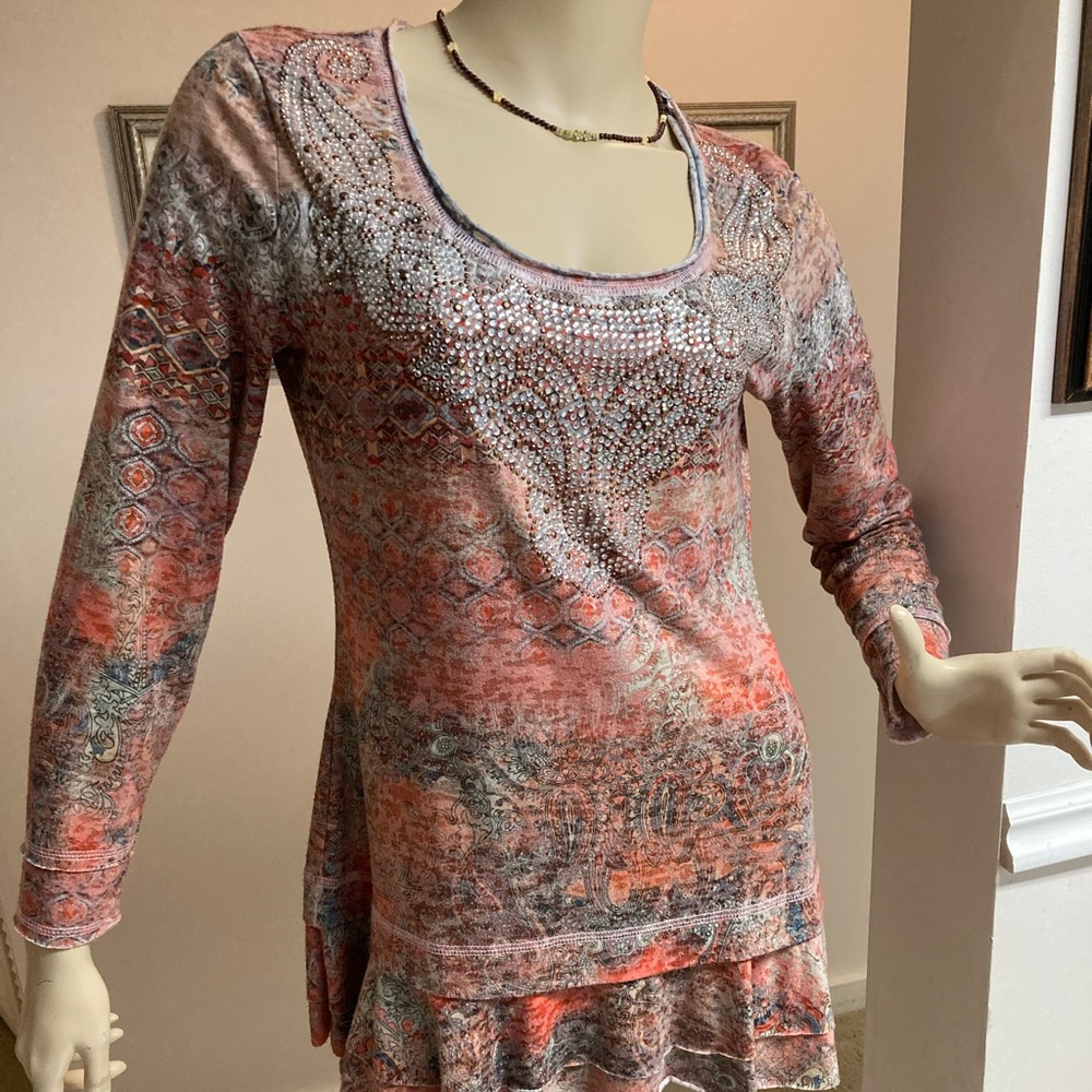 V Cristina Rhinestone Studded Long Sleeve Tunic